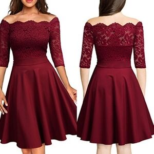 Miss May Women's Vintage Floral Lace Half Sleeve Boatneck Formal Swing Dress L